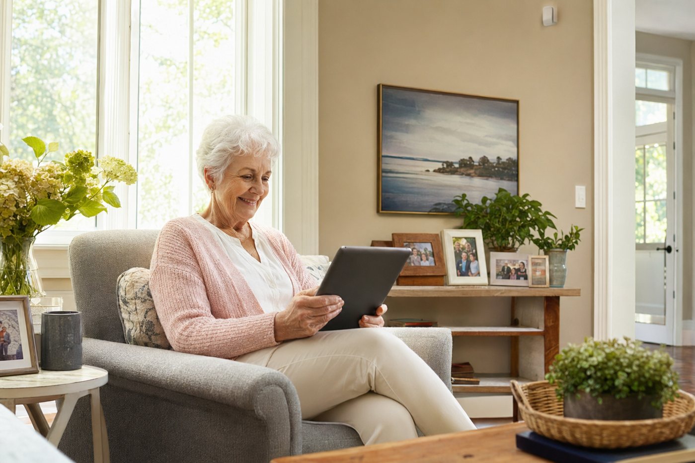 Older adult using a tablet in a safe, comfortable home