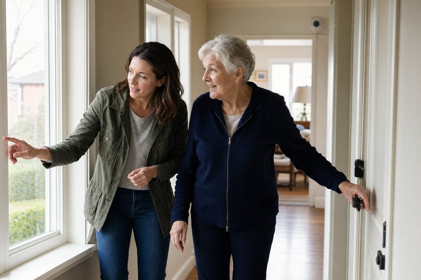Senior and caregiver reviewing home safety together