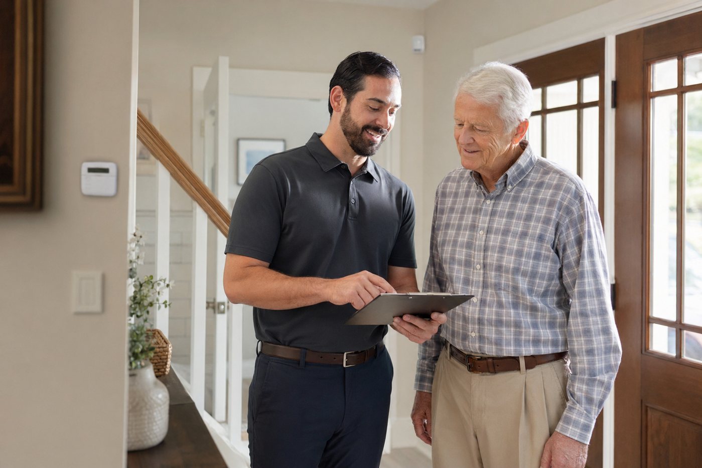 Technician and older homeowner discussing home security installation