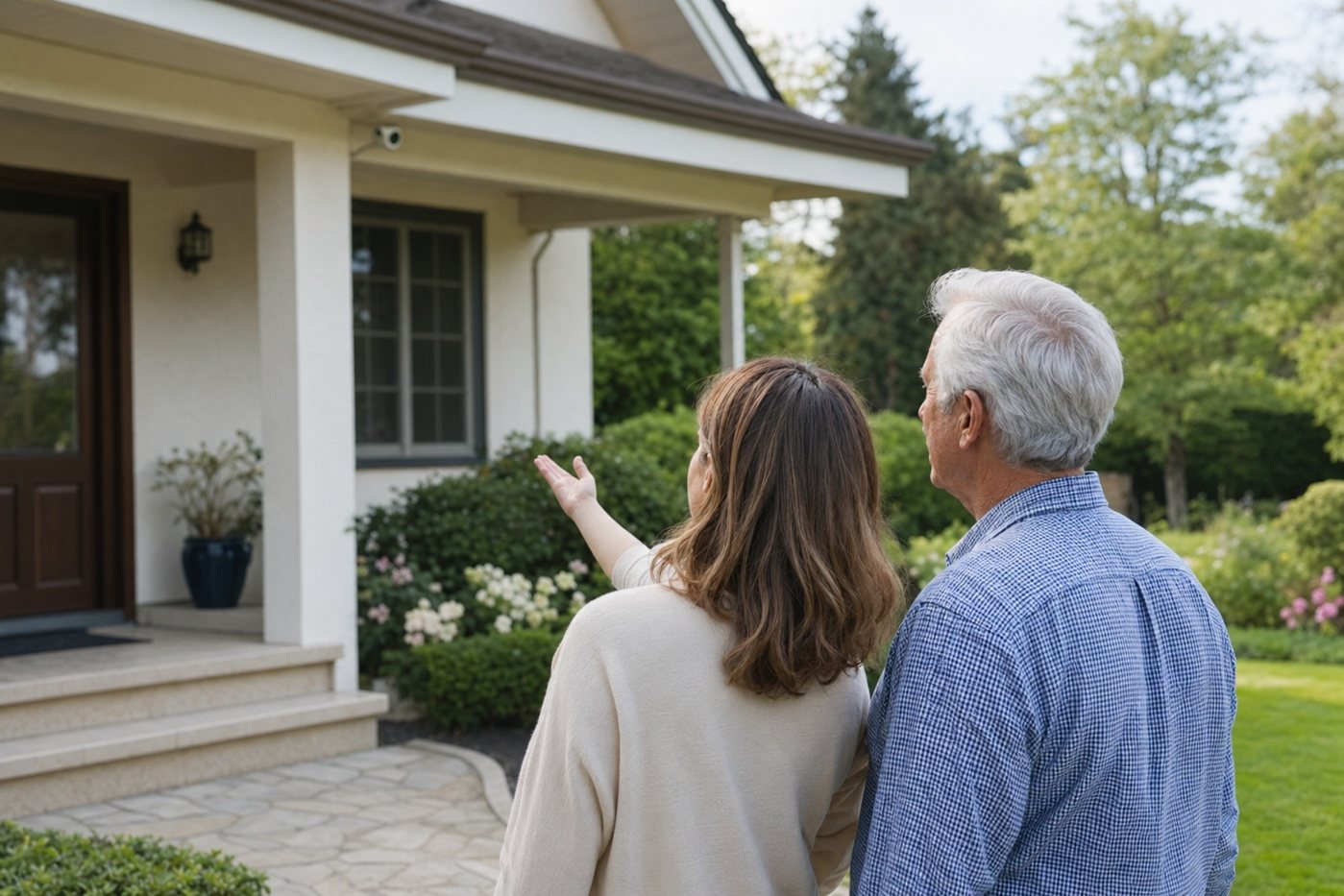 Family discussing cameras and home safety outside a house