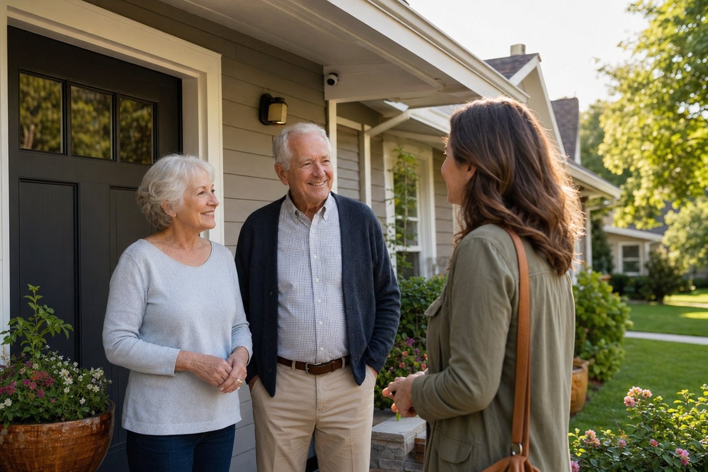 Older couple and adult daughter outside a safe family home